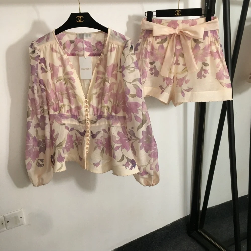 ZIMMERMANN Floral Two Piece Set Blouse & Shorts Lightweight Beach Spring - Picture 1 of 7